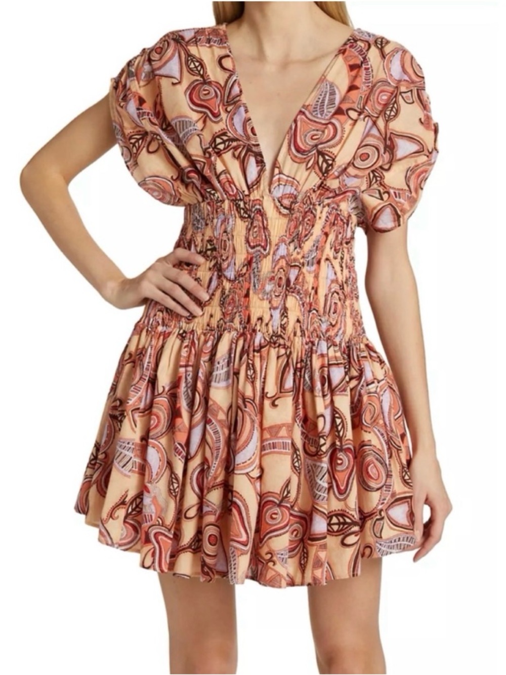 NWT💕A.L.C.Luna Smocked Printed Minidress in Peach Multi Size 2